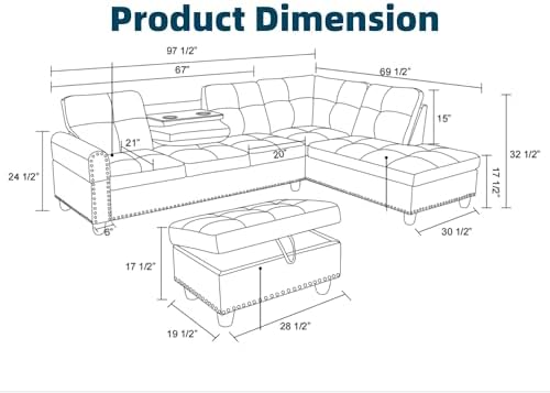 L-Shaped Couch Set, 97.5" L x 69.5" W Sectional Sofas Linen Grey - Image 2