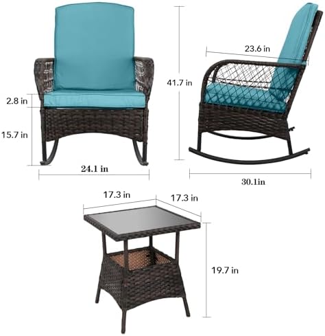 LEVELEVE 3 pcs Rocking Bistro Set Conversation Chairs PE Wicker Outdoor Rocking - Image 3