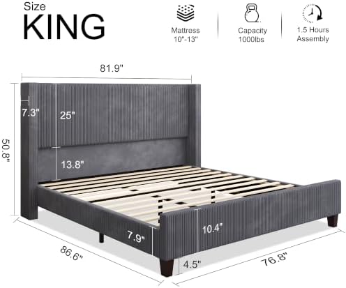 HOWE King Size Bed Frame with 50.8 Inch Corduroy Wingback Headboard - Image 2