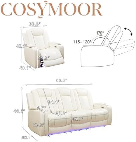Power Reclining Sofa Set with LED Light, Power Recliner Leather Sectional Sofa - Image 2