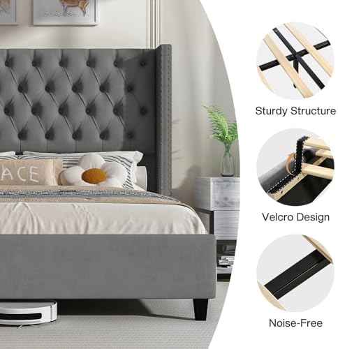 Jocisland Queen Size Bed Frame Velvet Upholstered Platform Bed - Image 5