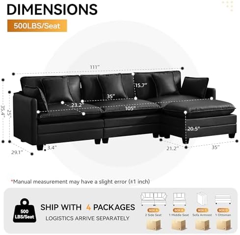 111'' Sectional Cloud Deep Seat Couch, Modern Comfy Leather L Shaped Sectional - Image 2