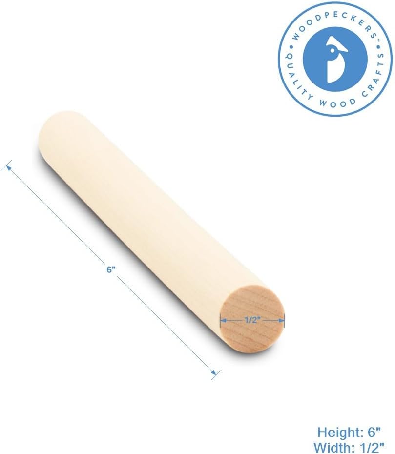 Dowel Rods Wood Sticks Wooden Dowel Rods - 1/2 x 6 Inch Unfinished Hardwood Sticks - for Crafts and DIYers - 50 Pieces by Woodpeckers
