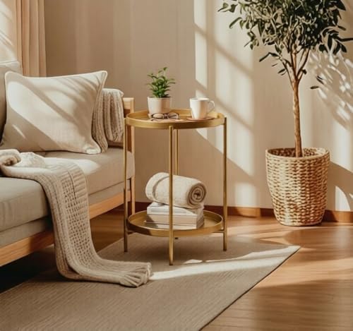 TeoKJ 2 Tier Gold Side Table, Folding Round Metal End Table Small Nightstand - Image 6