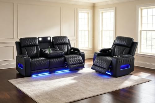 Power Reclining Sofa Set with LED Light, Power Recliner Leather Sectional Sofa by COSYMOORFURNITURE