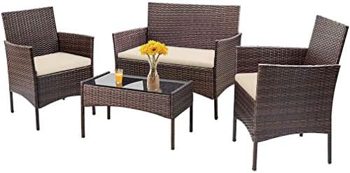 FDW 4-Piece Patio Furniture Set | Brown & Khaki | Outdoor Wicker Furniture by FDW