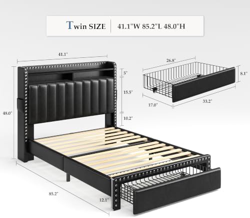 EnHomee Twin Bed Frame with 2 Drawers & 2-Tier Storage Headboard - Image 2