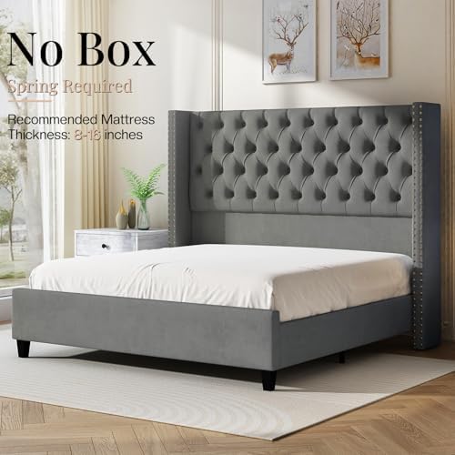 Jocisland Queen Size Bed Frame Velvet Upholstered Platform Bed - Image 6