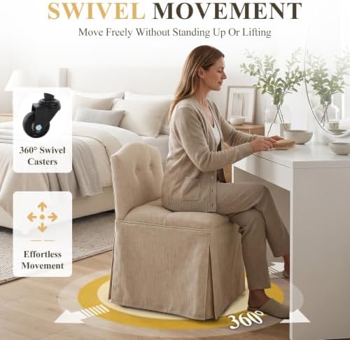 Beige Makeup Vanity Chair with Back & Wheels - Image 4