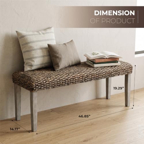 Solid Acacia Wood Bench with Natural Woven Water Hyacinth Seat - Image 2