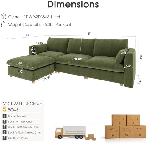 WorthFurni Oversized Modular Sectional Sofa, Comfty 4 Seat Modular Sofa - Image 2