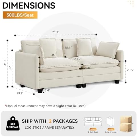 76" Cloud Loveseat Sofa, Modular Sectional Couch - Image 2