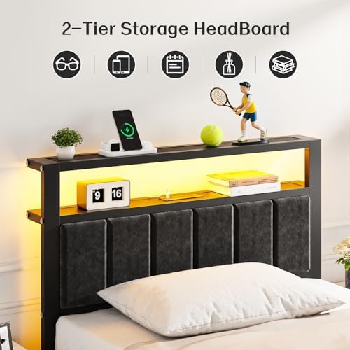 OLEVS Twin Bed Frame with LED Lights & USB Outlets, Platform Twin Bed with - Image 3
