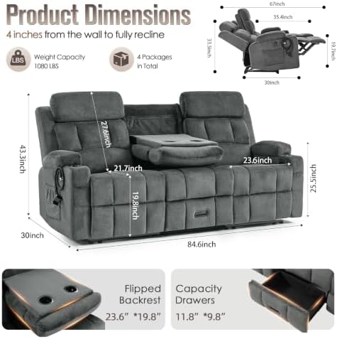 Loveseat Recliner Sofa, Flip-Down Middle Backrest Design, Oversized 3-Seater - Image 2