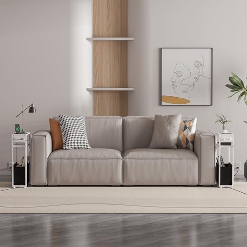 Leomonio White Side Table with Charging Station, Slim End Tables with Fabric - Image 6