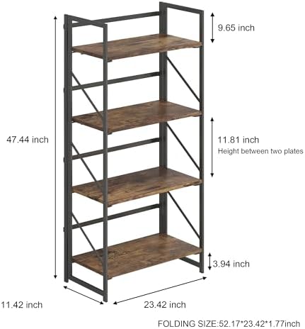JSB No Assembly Folding Bookshelf, 4 Tier Industrial Metal Book Shelf - Image 3