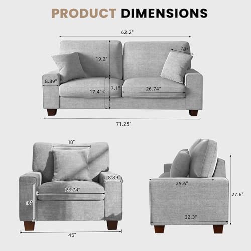 DOPEDIO 71.25" Sofa Set, Chenille Loveseat & 2 Accent Chairs, Light Gray - Image 2
