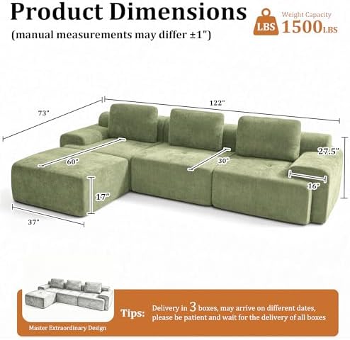 122" L Shaped Oversized Boneless Couch, Comfort Cloud Sectional Couches - Image 2