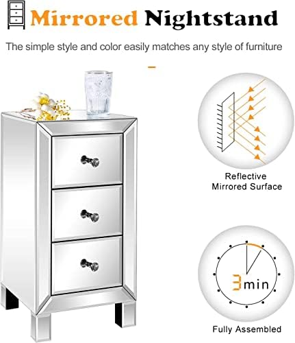 Bonnlo 3-Drawer Mirrored Nightstand Set of 2, End Table, Bedside Table - Image 7