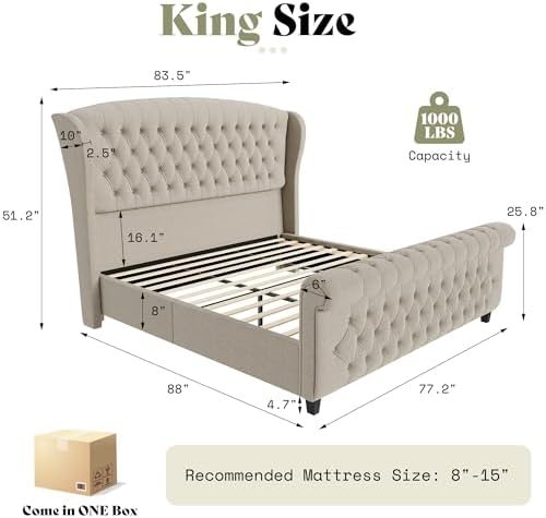 AMERLIFE King Size Upholstered Sleigh Platform Bed Frame - Image 2