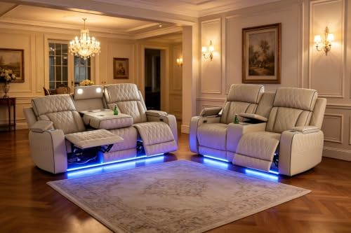 Power Recliner Set with LED, Sofa and Loveseat Set, Leather Reclining Sectional by COSYMOORFURNITURE