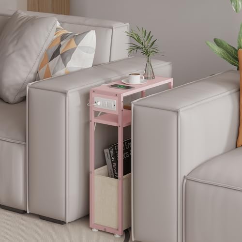 Leomonio Pink Side Table with Charging Station, Slim End Tables with Linen - Image 4