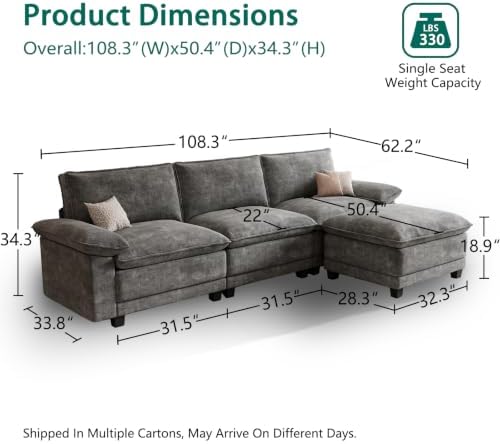 108" Modular Sectional Couch, L Shaped Cloud Sofa - Image 2