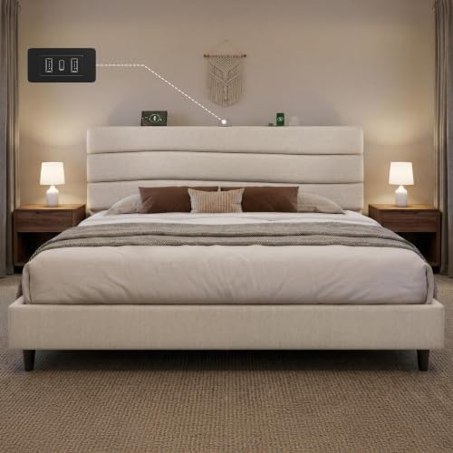 EnHomee King Size Bed with Upholstered Headboard & Charging Station by EnHomee
