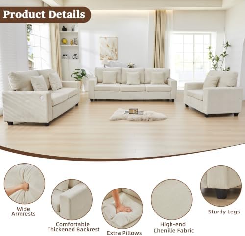 Loveseat & 3 Seater Couch with Chair Chenille Couch Set - Image 6