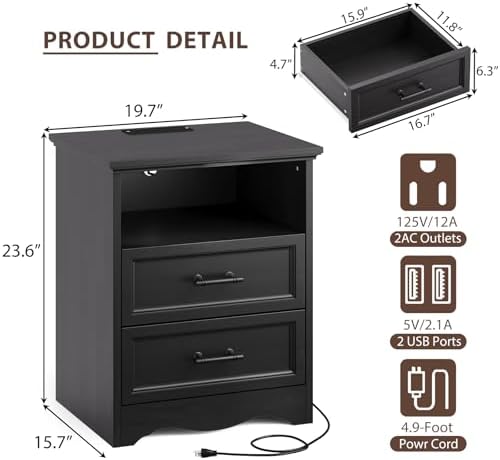YANSNWO Black Nightstand with Charging Station, 19.7" 2-Drawer End Table - Image 3