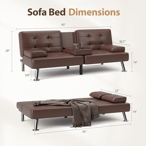 Shahoo Leather Convertible Futon Sofa Bed, Folding Sleeper Loveseat Couch - Image 2