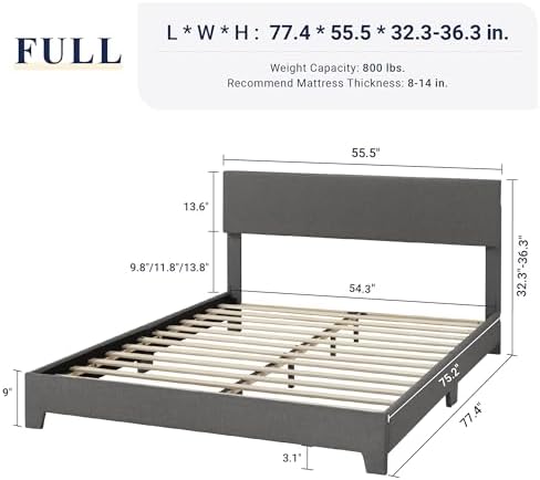 Allewie Full Size Upholstered Bed Frame Adjustable Headboard, Dark Grey - Image 2