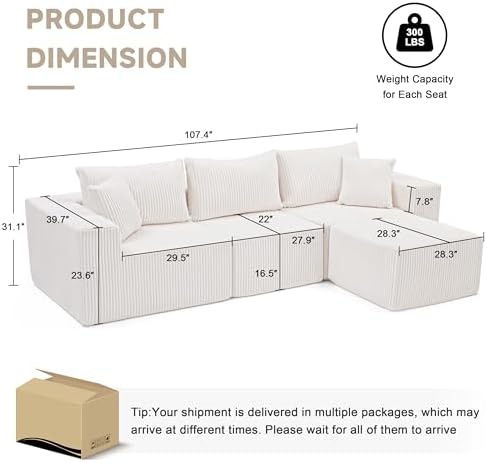 Weture 107.4" Modular Bnoeless Couch, Convertible Sectional Couch - Image 3