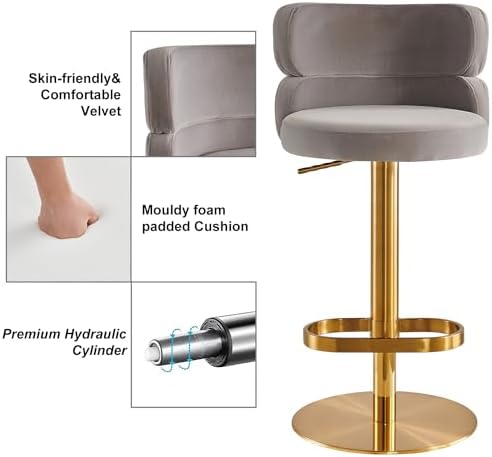 Modern Velvet Bar Stool, Swivel Adjustable Height Kitchen Counter Stool - Image 3