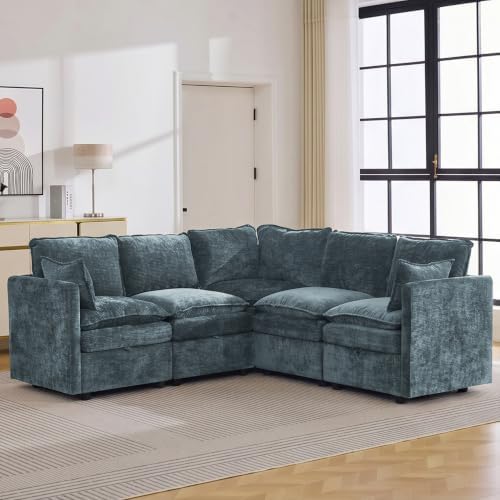 80" Blue Modular Storage Sofa, V Shaped Chenille Cloud Couch by Abbrevi