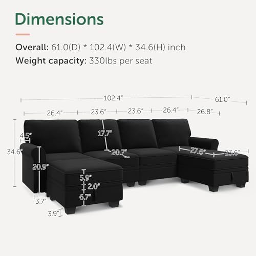 HONBAY Sectional Sofa with Storage Seat Velvet U Shaped Couch with Reversible - Image 2