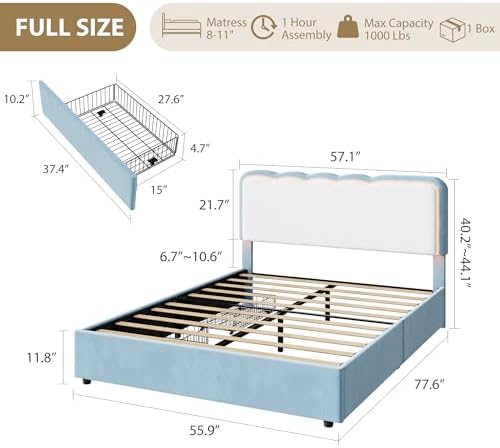 IDEALHOUSE Full LED Bed, 2 Drawer Trundle, Light Blue Wave Headboard - Image 2