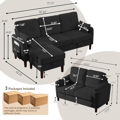 3 Piece Sectional Sofa Set, 3 Seat Couch & Loveseat & Ottoman - Image 2