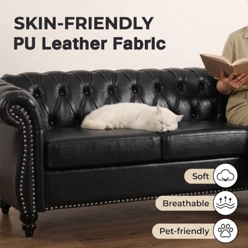3 Seat Chesterfield Sofa, Faux Leather Couch - Image 5