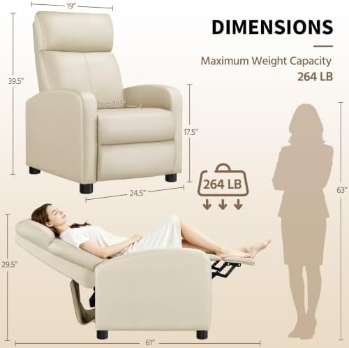Topeakmart PU Leather Recliner Chair Home Theater Seating Beige - Image 3
