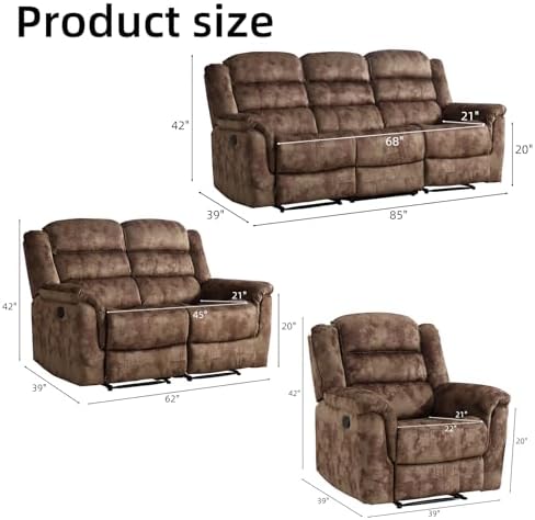 EBELLO 3 Pieces Reclining Living Room Set, Overstuffed Soft Fabric Manual - Image 2