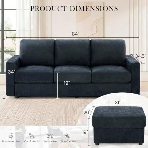 84” Chenille 3-Seater Sofa W/Two Movable Ottomans - Image 2