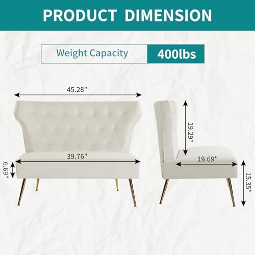 45’’ Velvet Modern, Small White Wingback Couch Sofa - Image 2