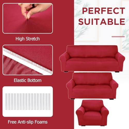 Peryiter 3 Pcs Couch and Loveseat Sofa Covers, Xmas Red, Milk Silk - Image 3
