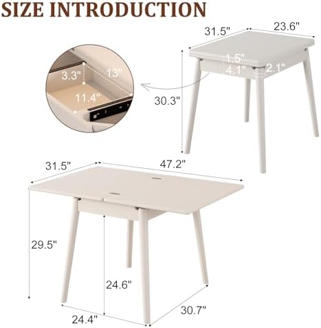 Solid Wood Small Dining Table for 2-6, 23.6"L-47.2"L Expandable Kitchen Table - Image 2
