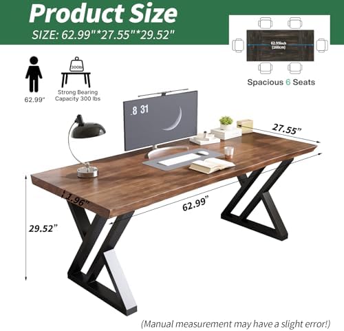 Solid Wood Desk 63 Inches, Live Edge Wooden Home Office Computer Desk Metal - Image 2