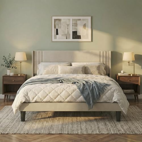 Gizoon King Bed Frame with Wingback Headboard, Upholstered Platform Bed - Image 4