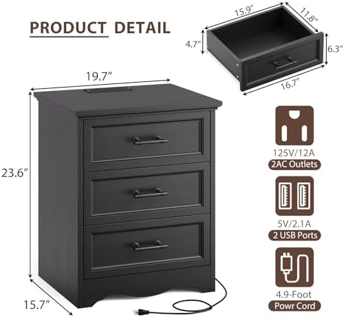 YANSNWO Black Nightstand with Charging Station, 19.7" 3-Drawer End Table - Image 3