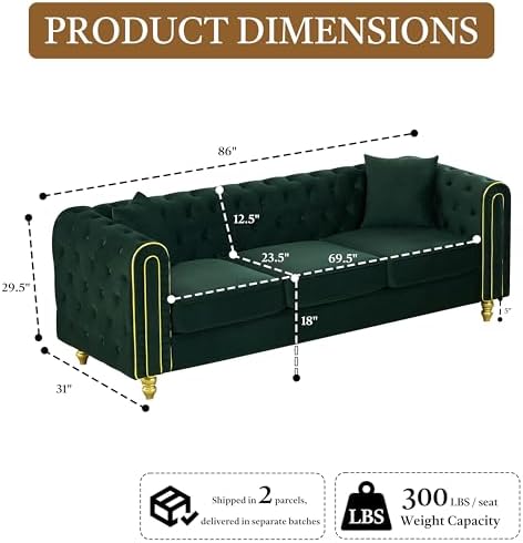 86" Chesterfield 3-Seater Velvet Sofa Couch, Button Tufted Rolled Arms - Image 2