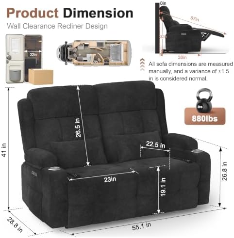 Reclining Loveseat Sofa, RV Loveseats Recliner Sofas Wall Hugger, Double - Image 2